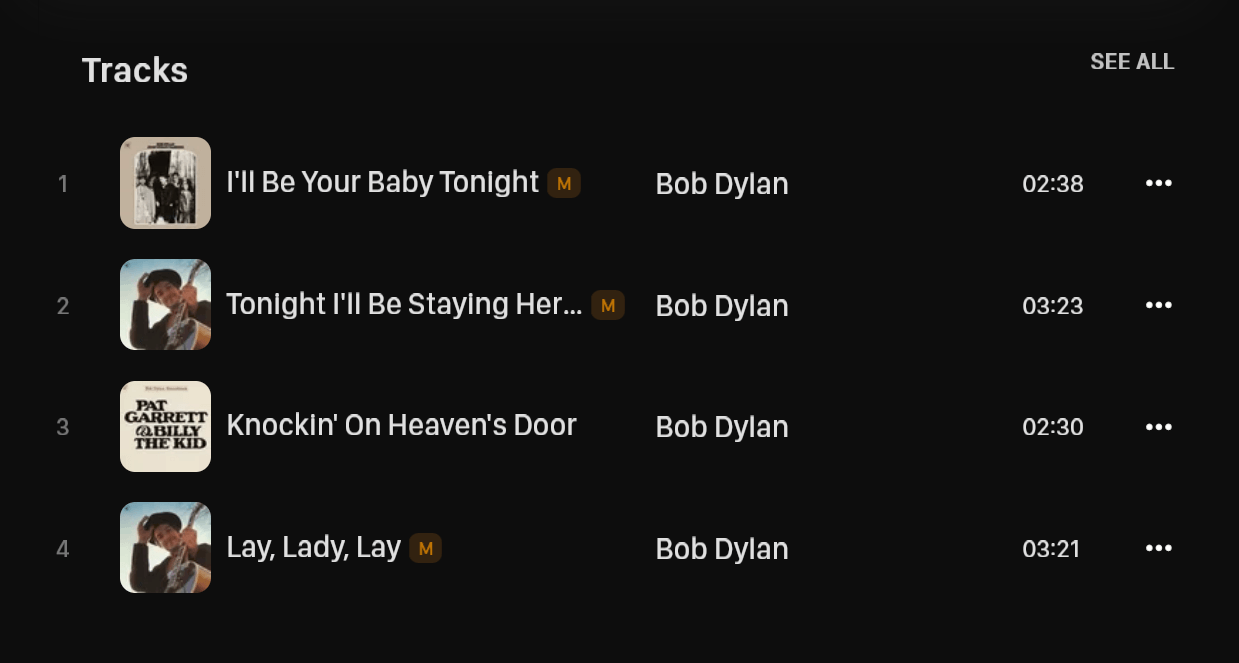 Section in artist page showing top tracks by Bob Dylan